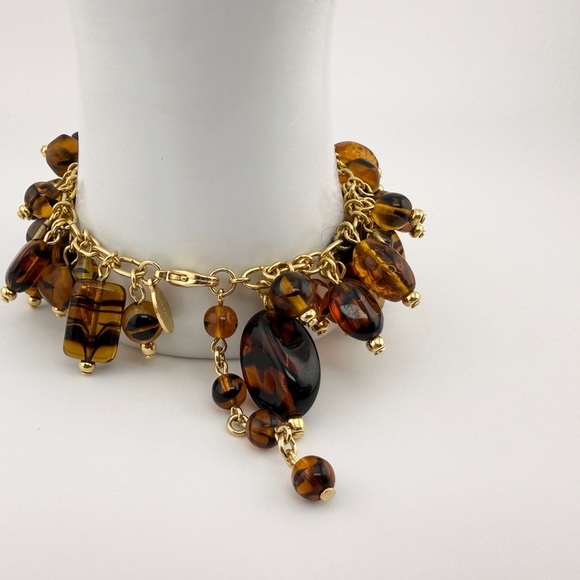 Vintage Joan Rivers Gold Toned Czech Glass Amber Beaded Dangle Charm Bracelet - Picture 4 of 8